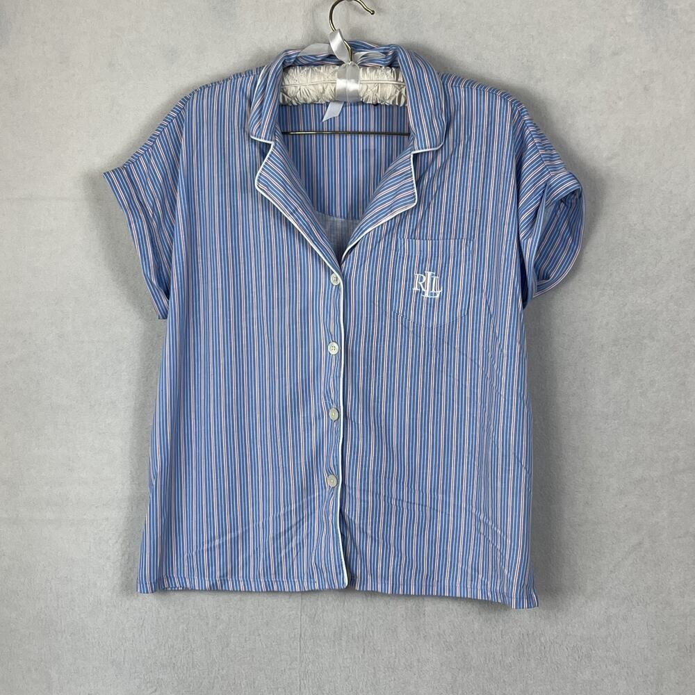 Ralph Lauren Shirt Women's Size Large Pajama Top Blue White Striped RLL Monogram